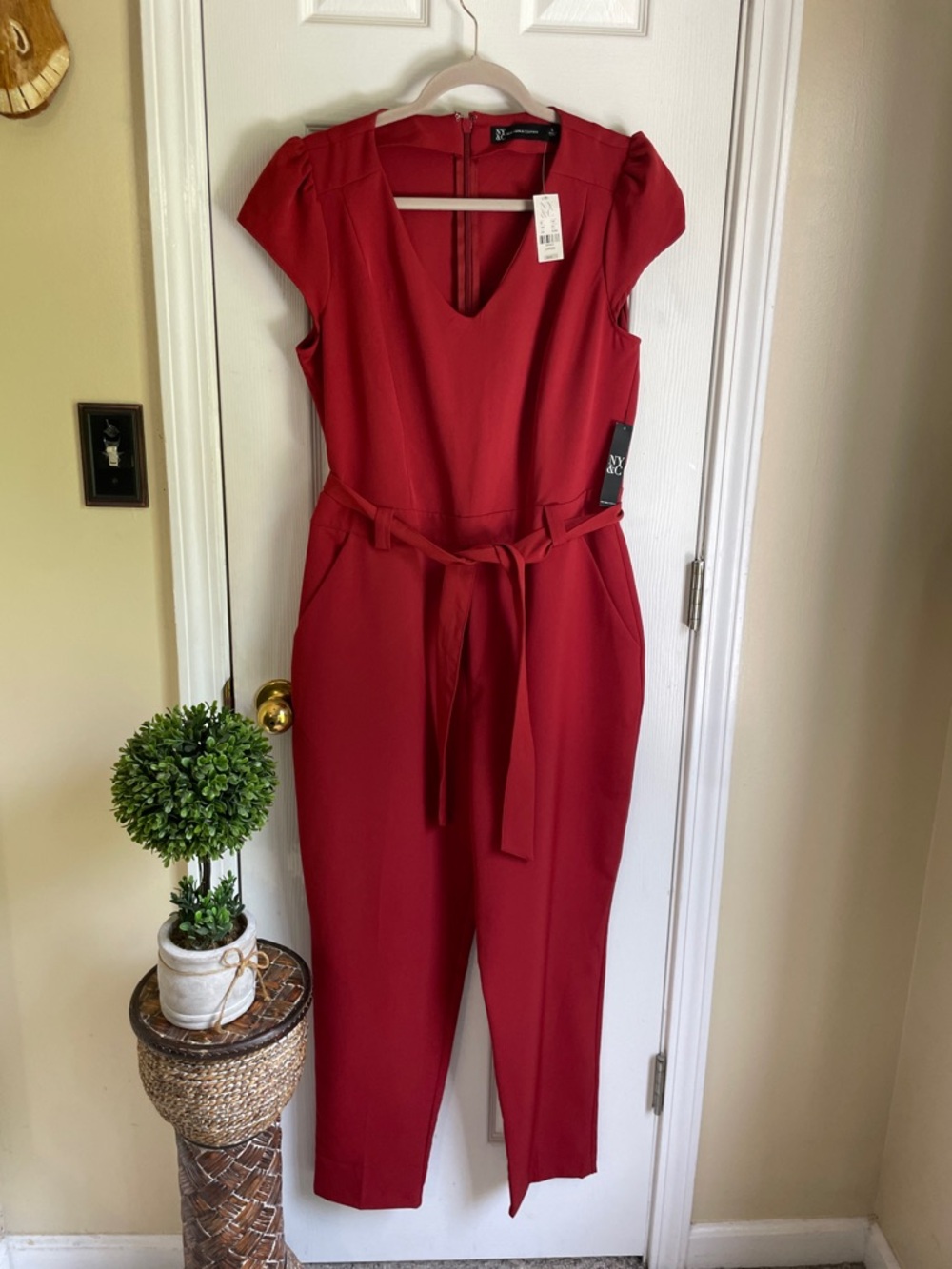 New York & Company Red V-Neck Preppy Coquette Jumpsuit with Tie Waist